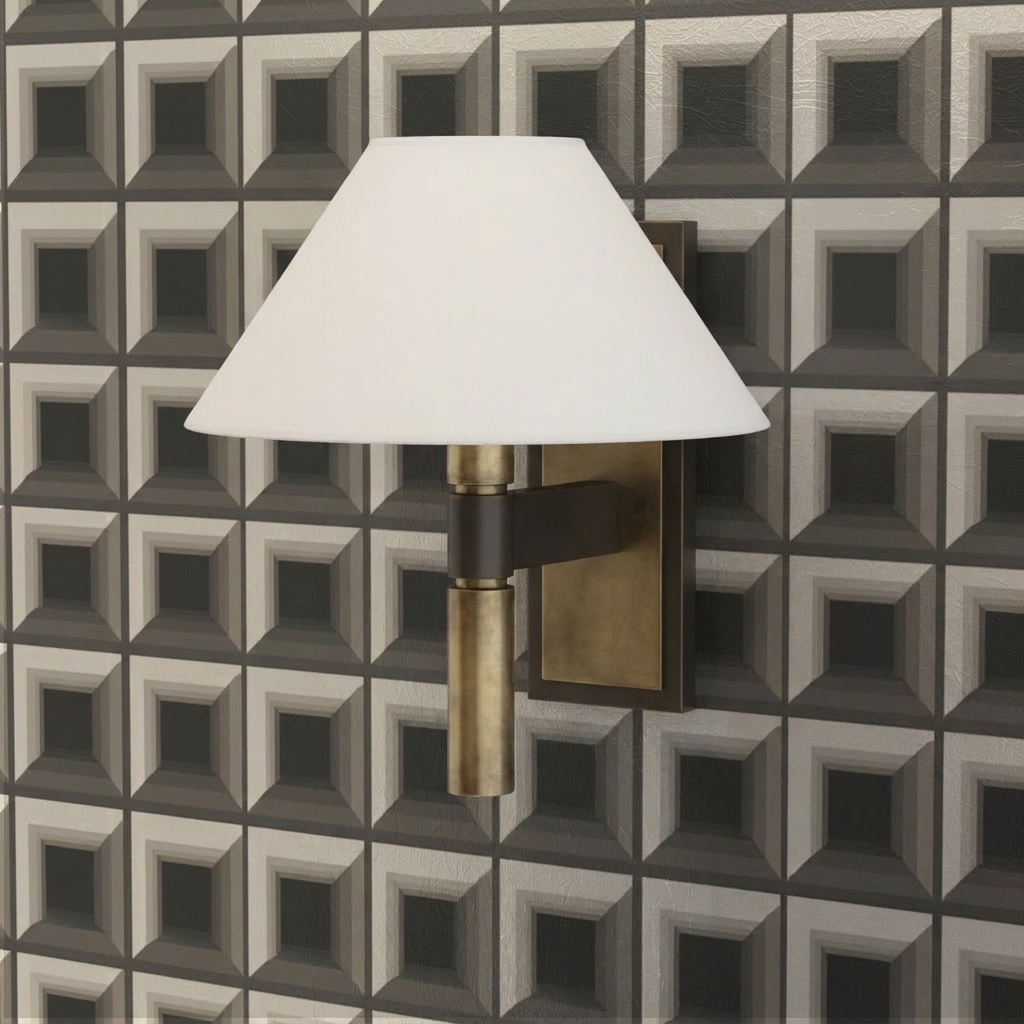 Close-up of the structured bronze geometric pattern on Optic Grid Wallpaper.