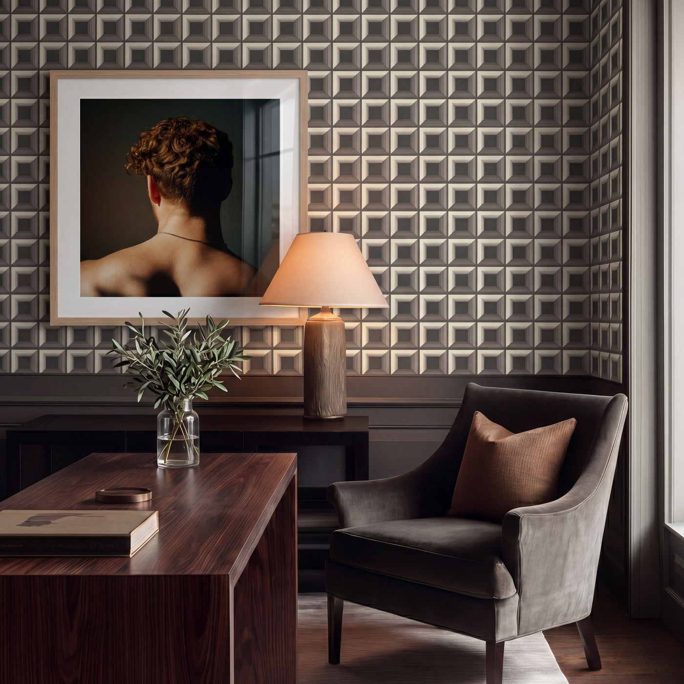Modernist living room styled with Optic Grid Geometric Wallpaper in Bronze.