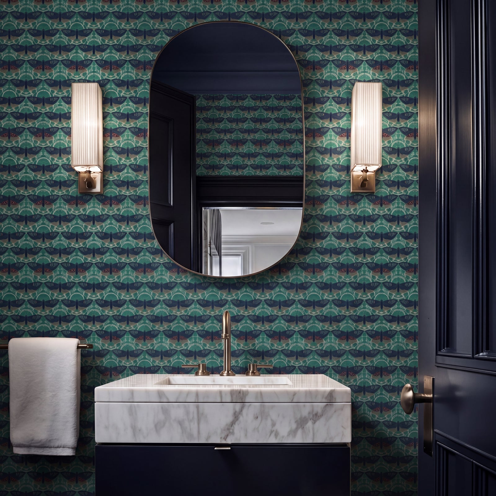 Butterfly Lattice wallpaper in teal installed on a bedroom wall.