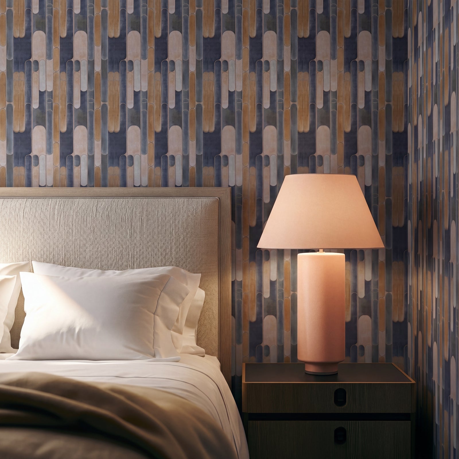 Tempo geometric wallpaper styled in a modern living space.