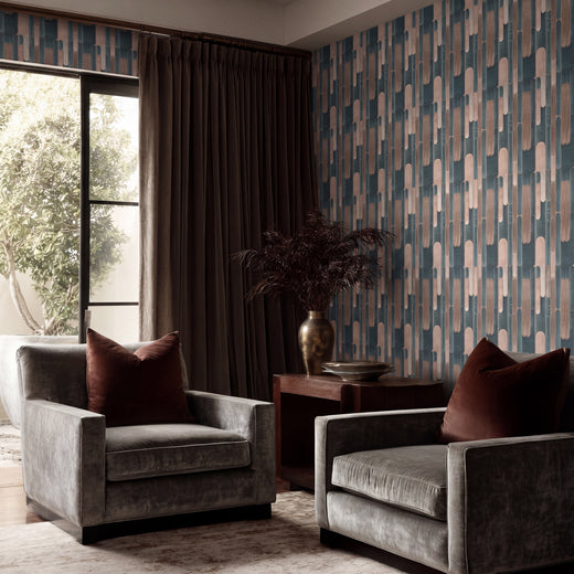 Chic dining area with Tempo geometric wallpaper as an artistic backdrop.