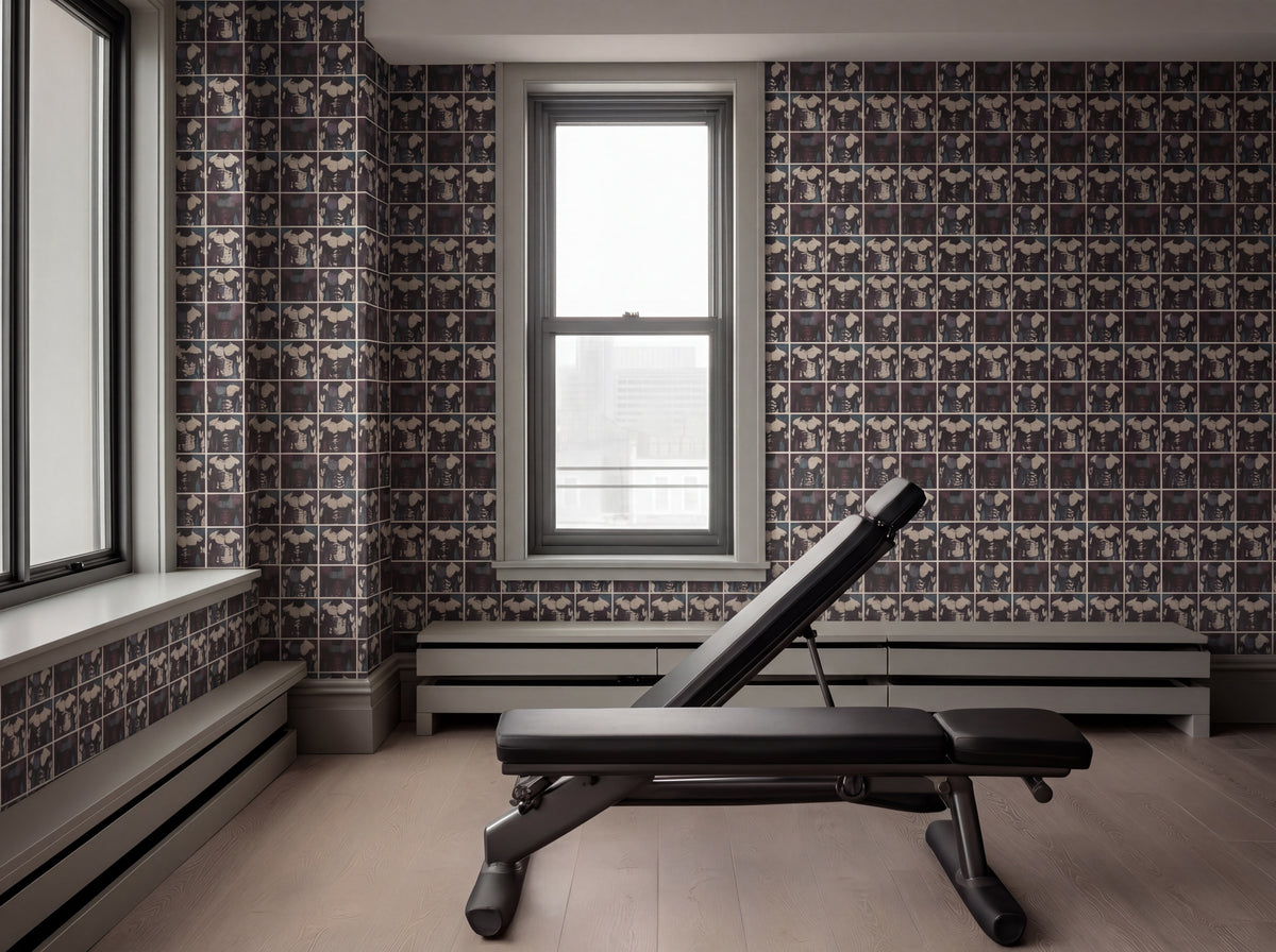 A beautifully styled room featuring ModBod figurative wallpaper on a focal wall with modern interior decor.