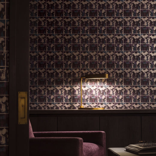 Modernist living space styled with ModBod organic line art wallpaper, showcasing the scale of the pattern.