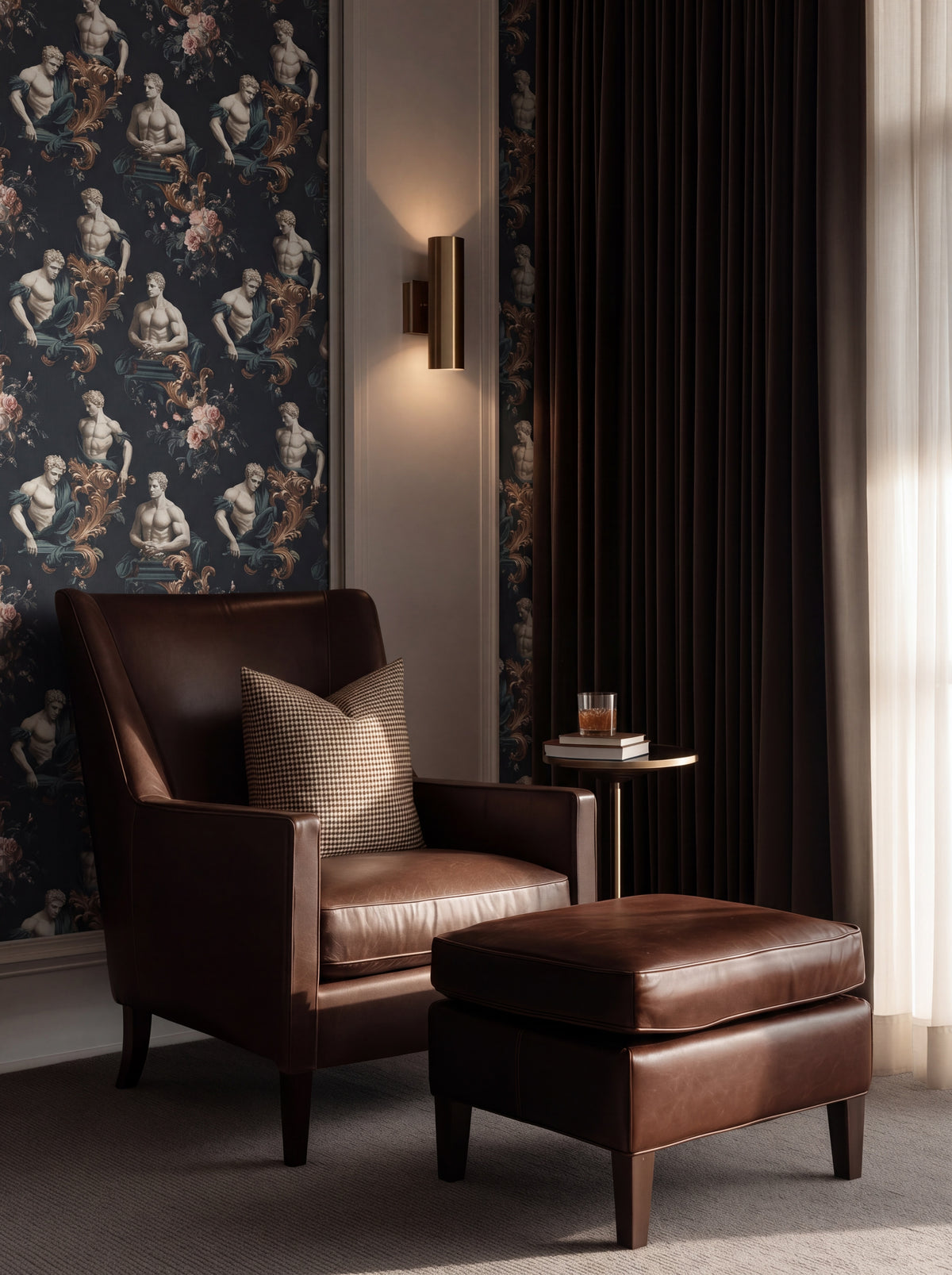 Detailed close-up of classical Greek marble torso design on luxury non-pasted wallpaper.