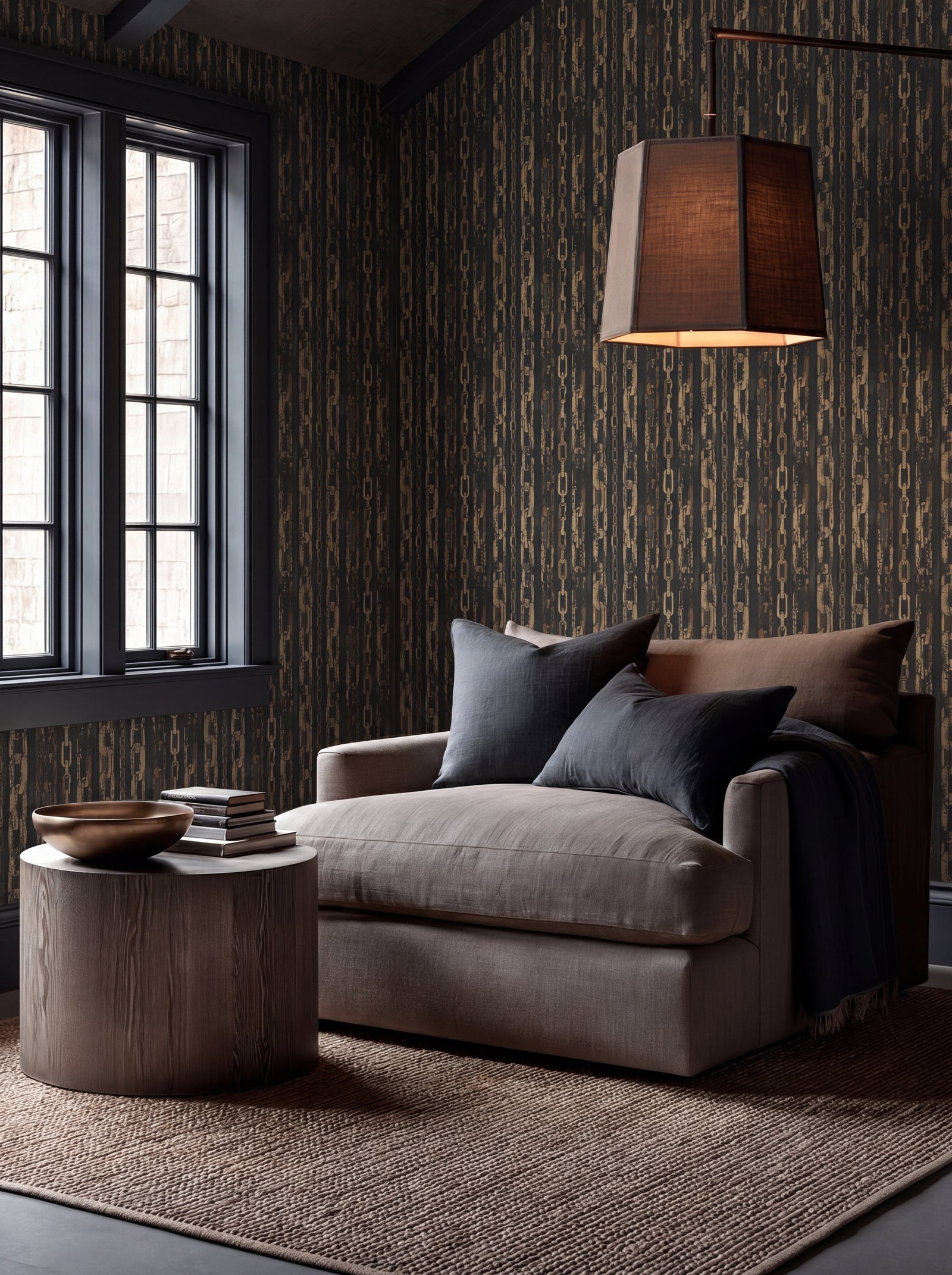 Detailed view of Patina Chains designer wallpaper in a luxurious setting, highlighting green-gold bronze tones.
