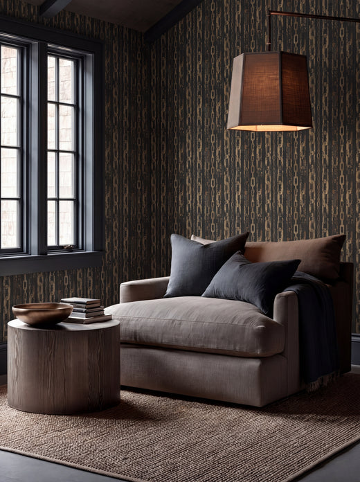 Detailed view of Patina Chains designer wallpaper in a luxurious setting, highlighting green-gold bronze tones.