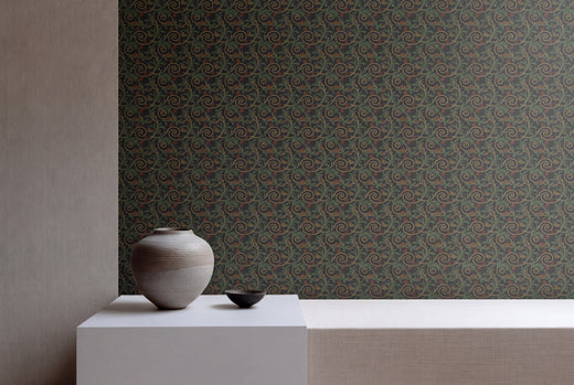 Elegant entryway interior featuring 3rd Century Roman Bath Tile green wallpaper