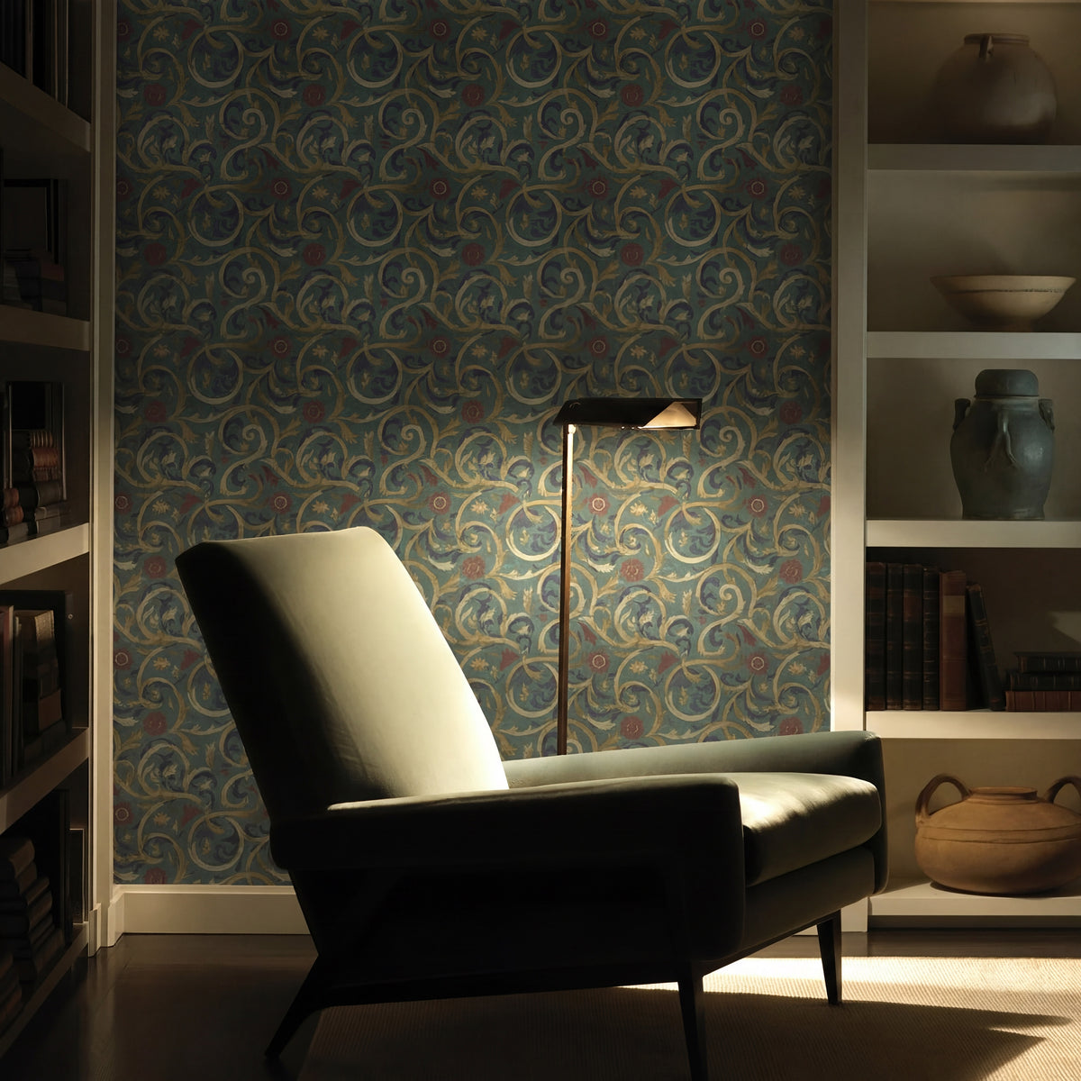 A beautifully styled entryway featuring the historic Roman Bath Tile IV wallpaper pattern.