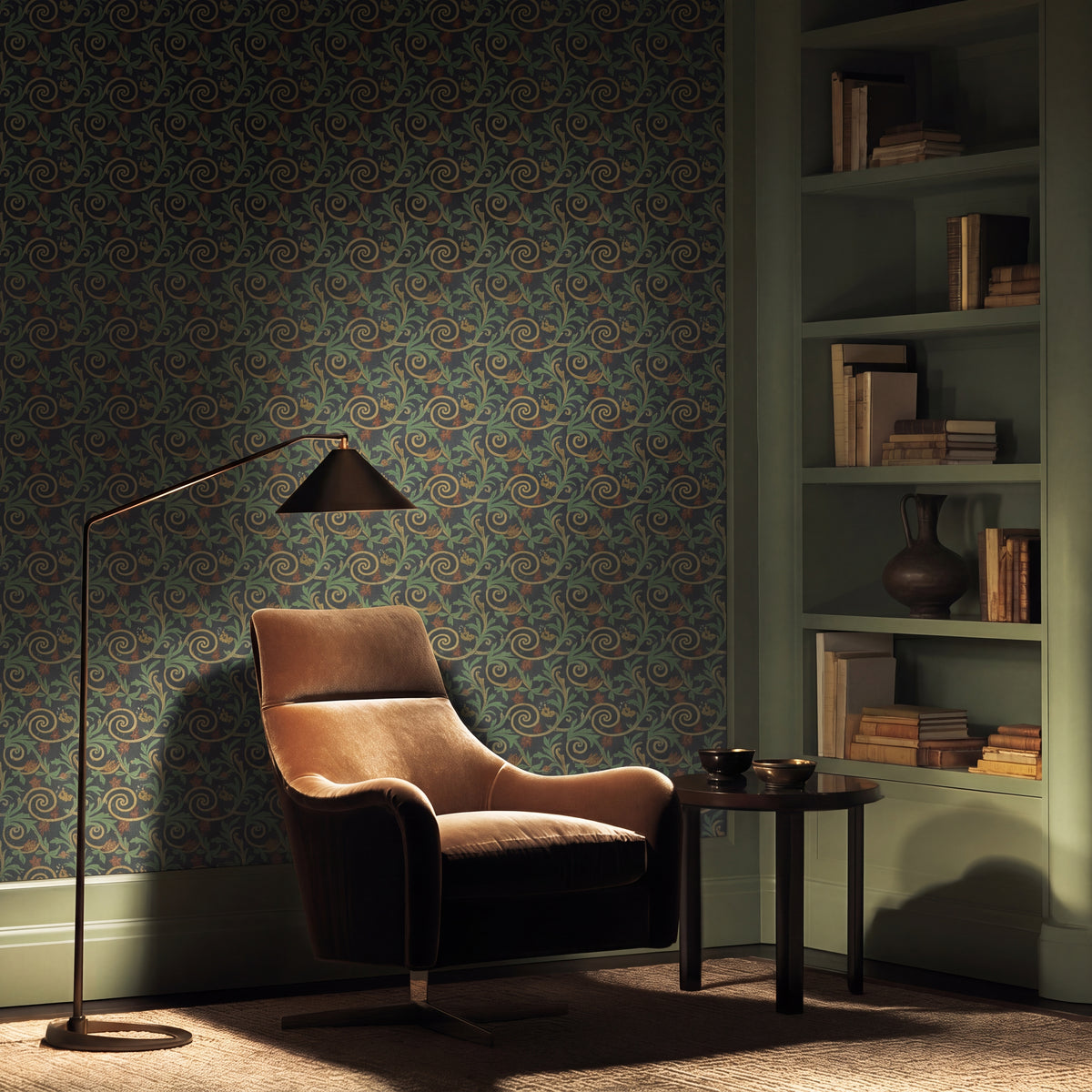 Green Roman tile pattern wallpaper installed on a powder room wall