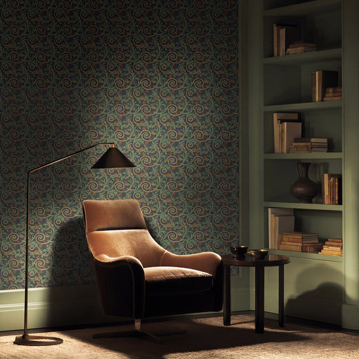 Green Roman tile pattern wallpaper installed on a powder room wall