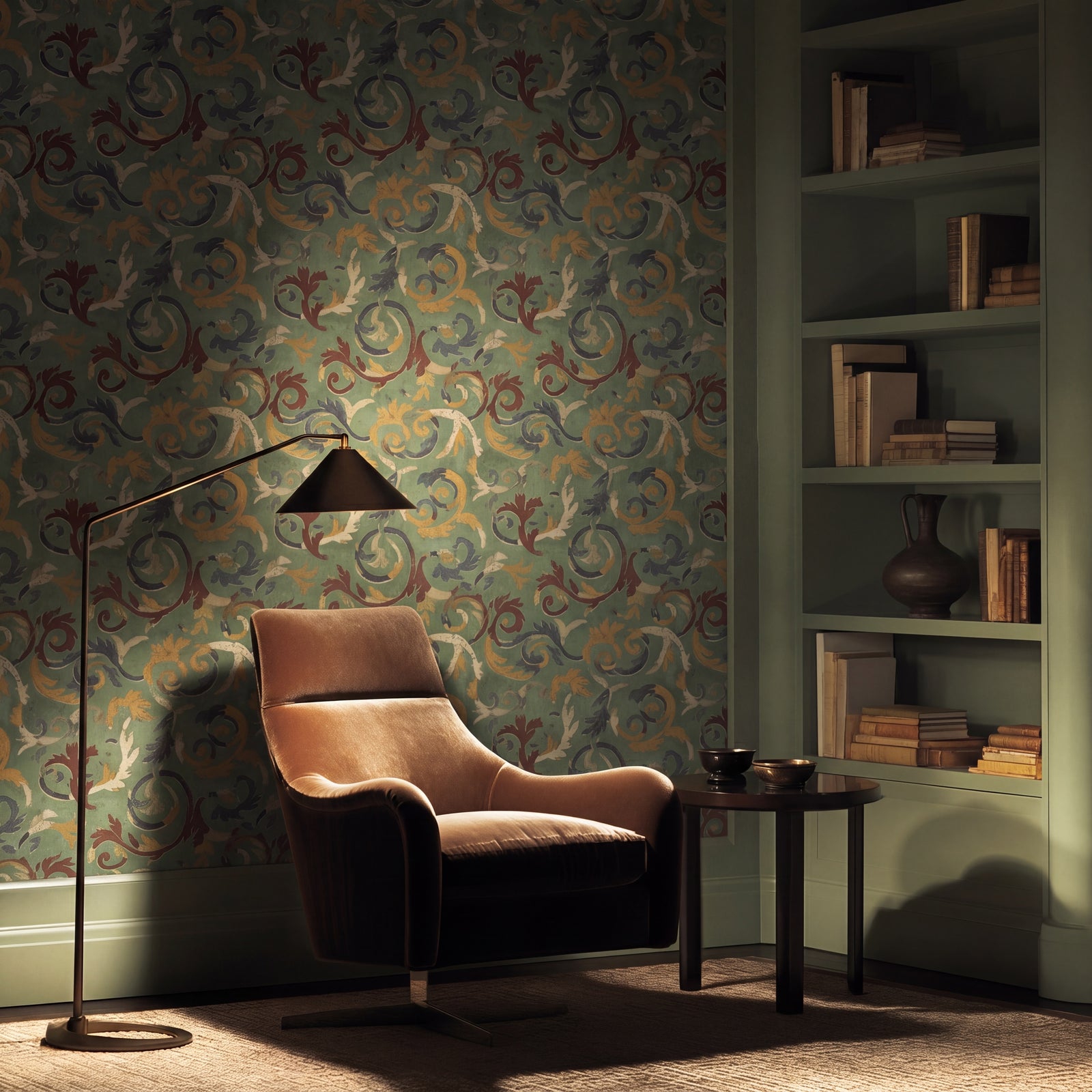 The green 3rd Century Roman Bath Tile II wallpaper installed in an elegant dining room interior.