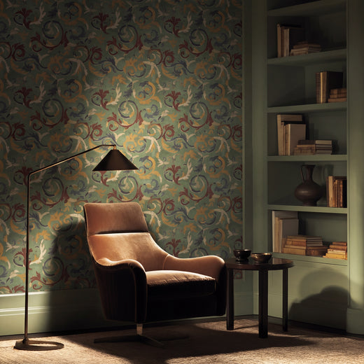 The green 3rd Century Roman Bath Tile II wallpaper installed in an elegant dining room interior.