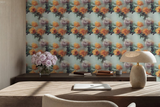 Detailed view of Ethereal Rose Veil wallpaper on a dining room accent wall, illustrating the painterly design.