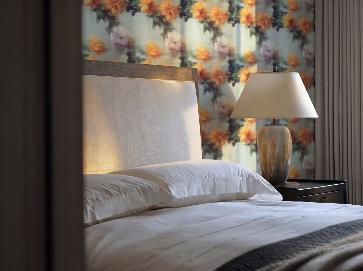 Ethereal Rose Veil wallpaper installed in a romantic bedroom setting with complementary decor.