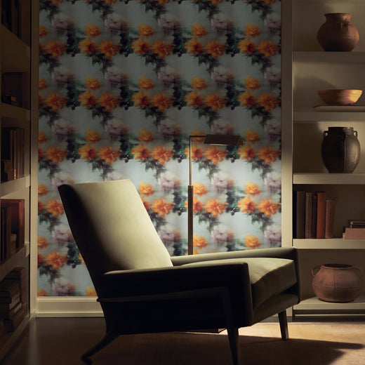 Close-up of the impressionistic floral pattern in Ethereal Rose Veil wallpaper, highlighting amber and sage tones.