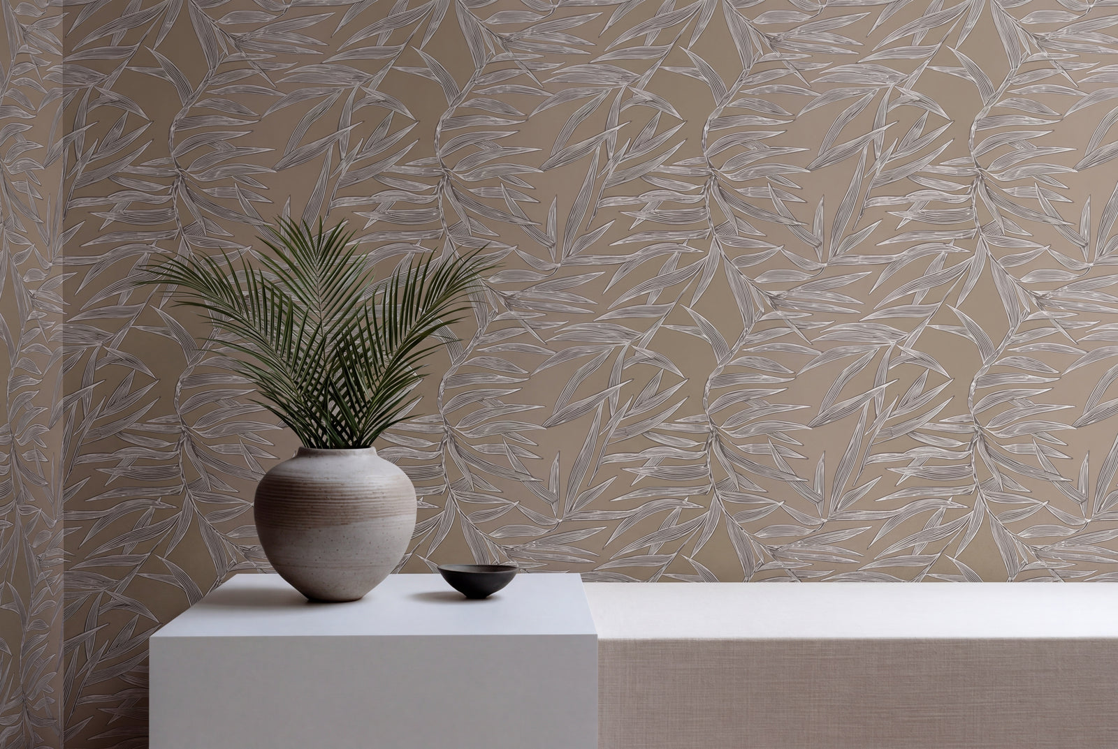 Elegant interior bedroom styled with organic botanical bamboo wallpaper.