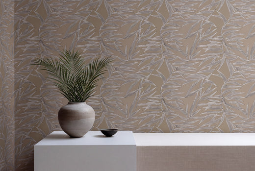 Elegant interior bedroom styled with organic botanical bamboo wallpaper.