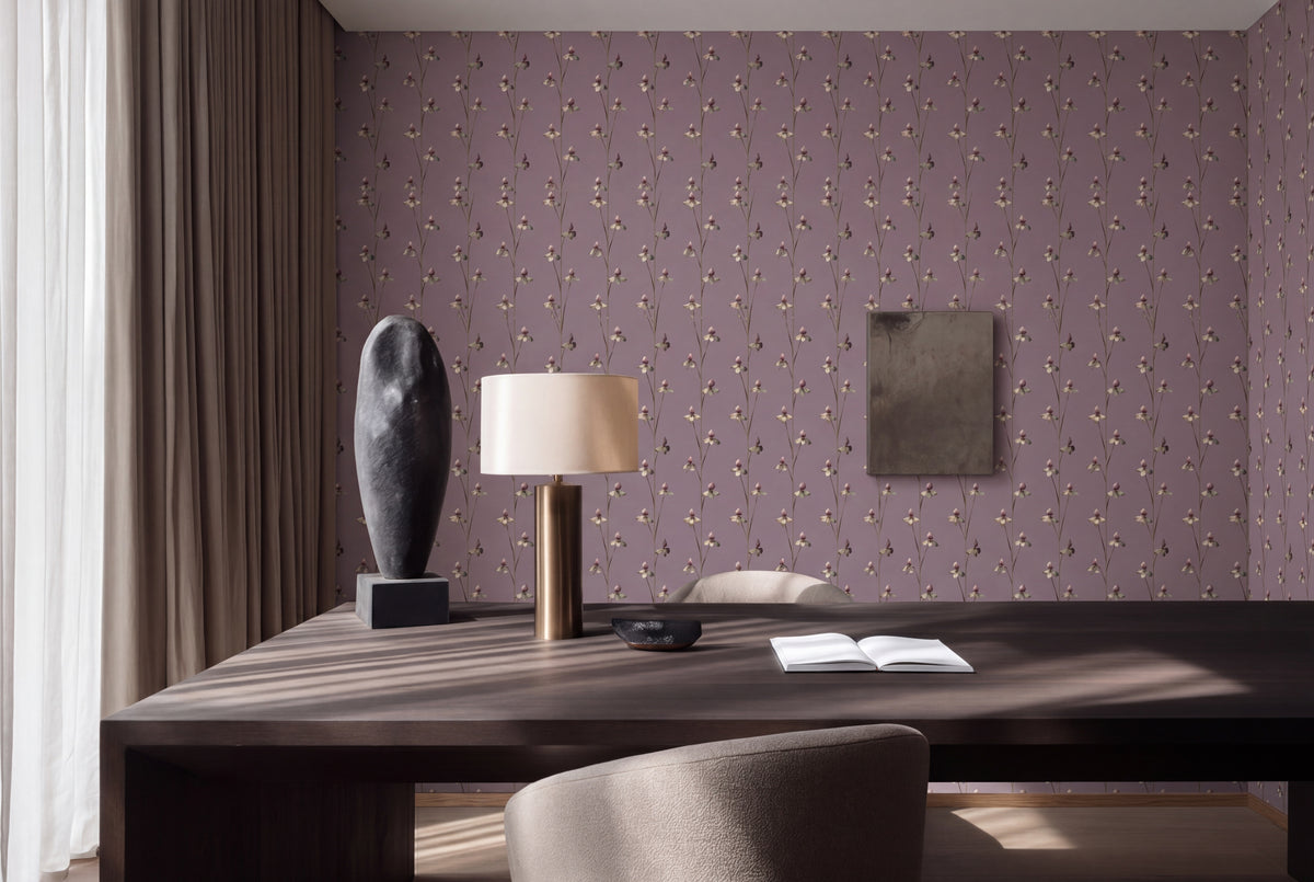 A beautifully decorated room featuring the delicate orchid patterns of the Twilight Bloom wallpaper.