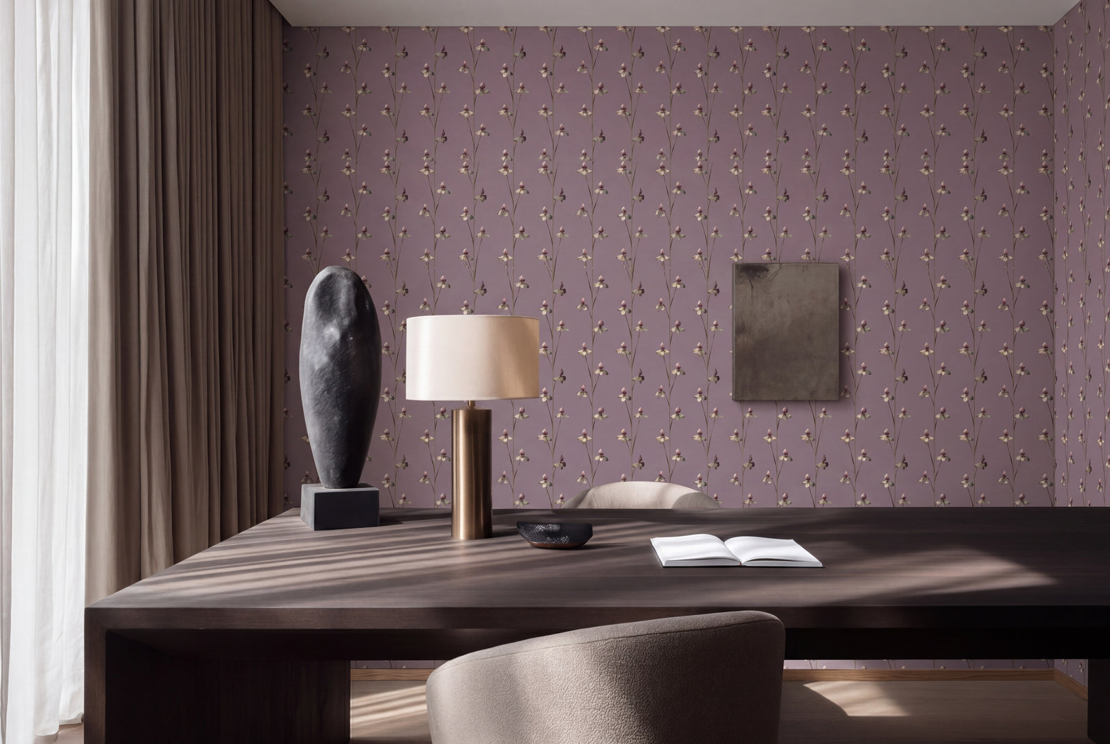 A beautifully decorated room featuring the delicate orchid patterns of the Twilight Bloom wallpaper.