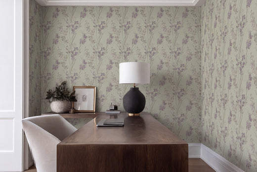 A bright bedroom styled with Canary yellow botanical wallpaper.