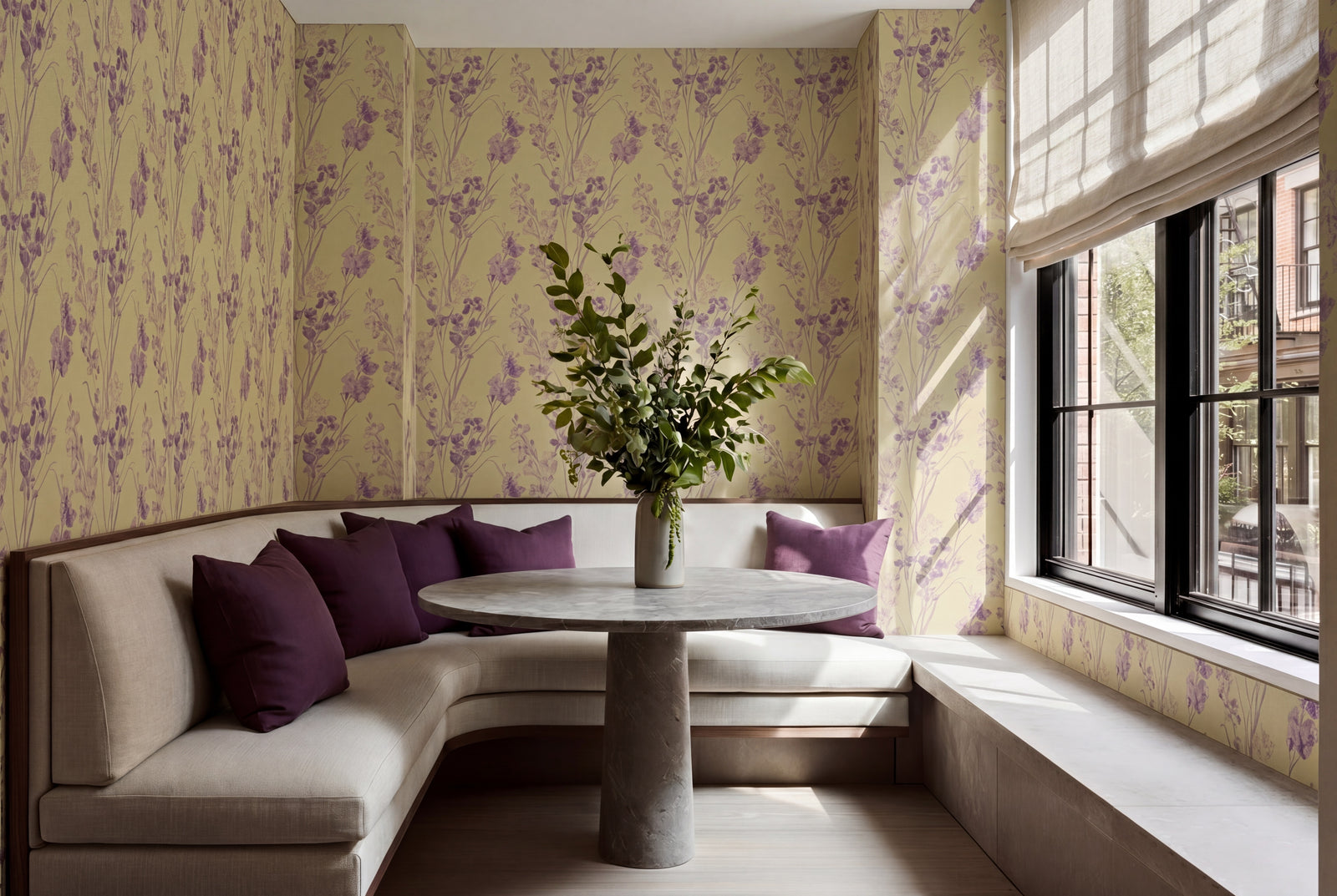 Styled dining room featuring the Celadon green botanical wallpaper.