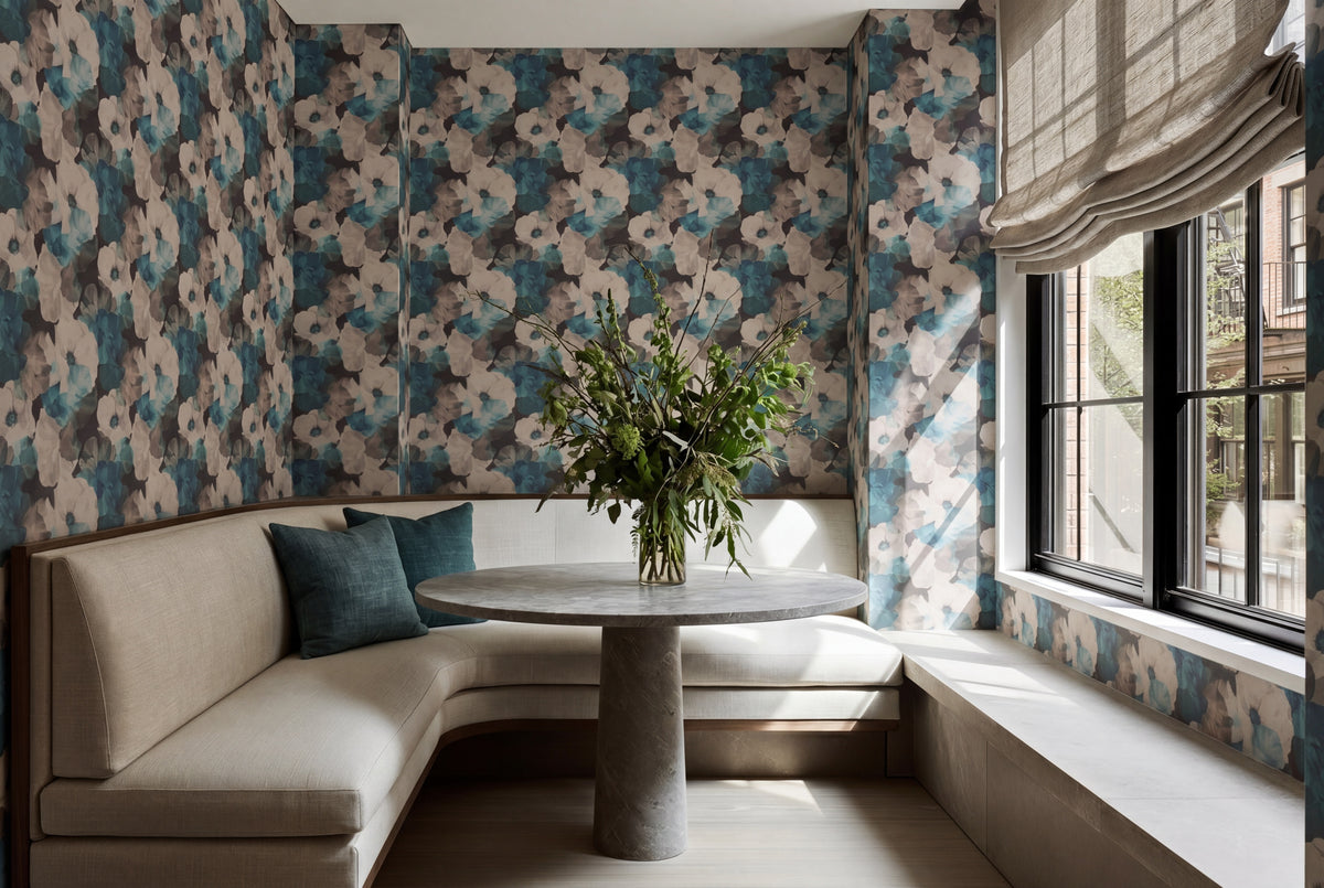 Luminous Sheer Peonies wallpaper in Hazel installed in an elegant dining room interior.