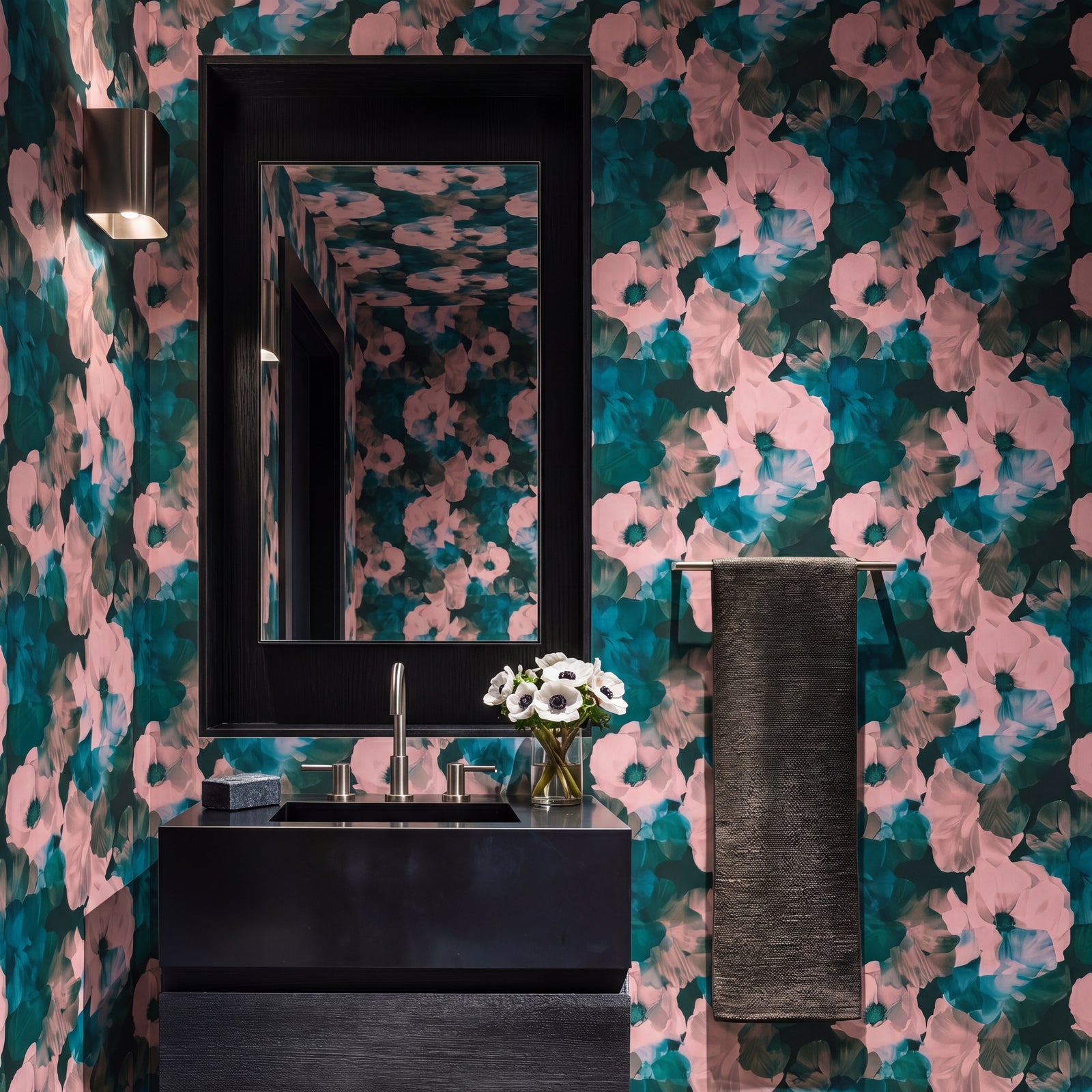 Sophisticated powder room lined with Sheer Peonies wallpaper in rich Sangri.