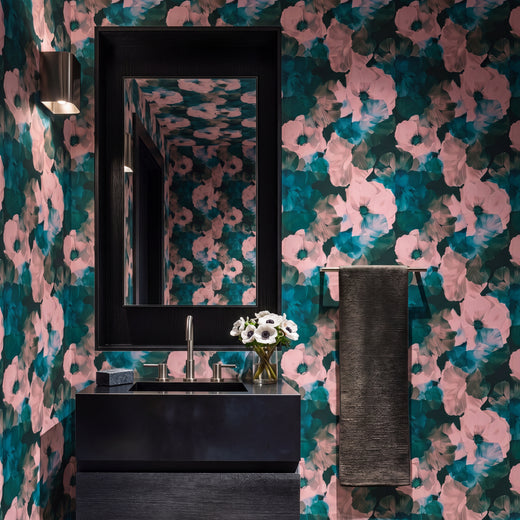 Sophisticated powder room lined with Sheer Peonies wallpaper in rich Sangri.