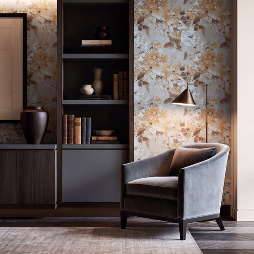 Sophisticated dining room styled with watercolor botanical wallpaper.