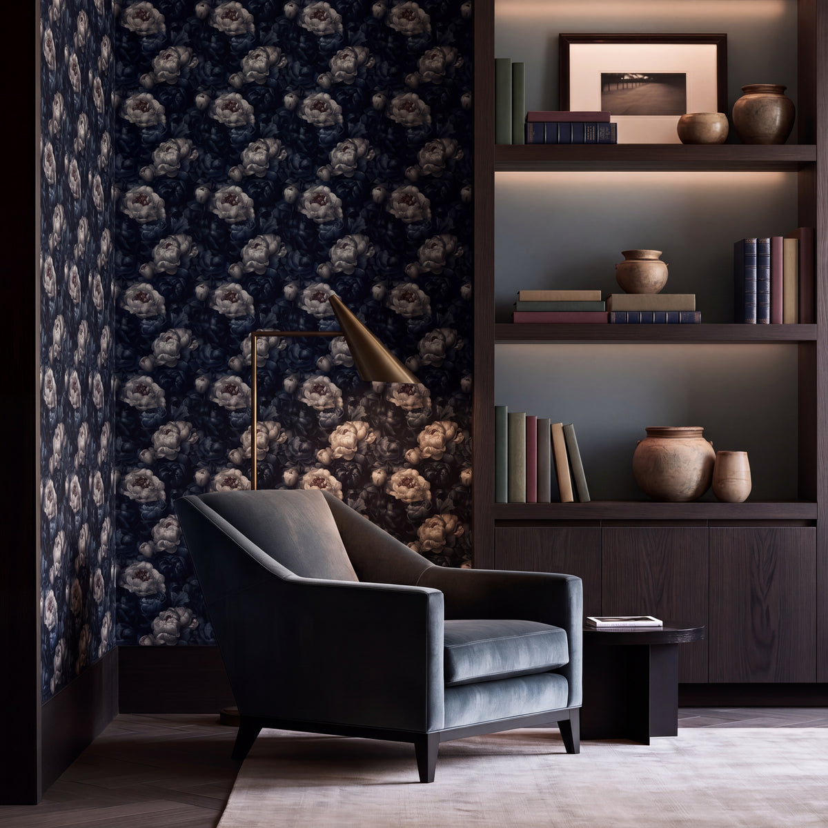 Detailed close-up of Indigo Bloom Ballad wallpaper, showcasing intricate peony patterns on a dark indigo ground