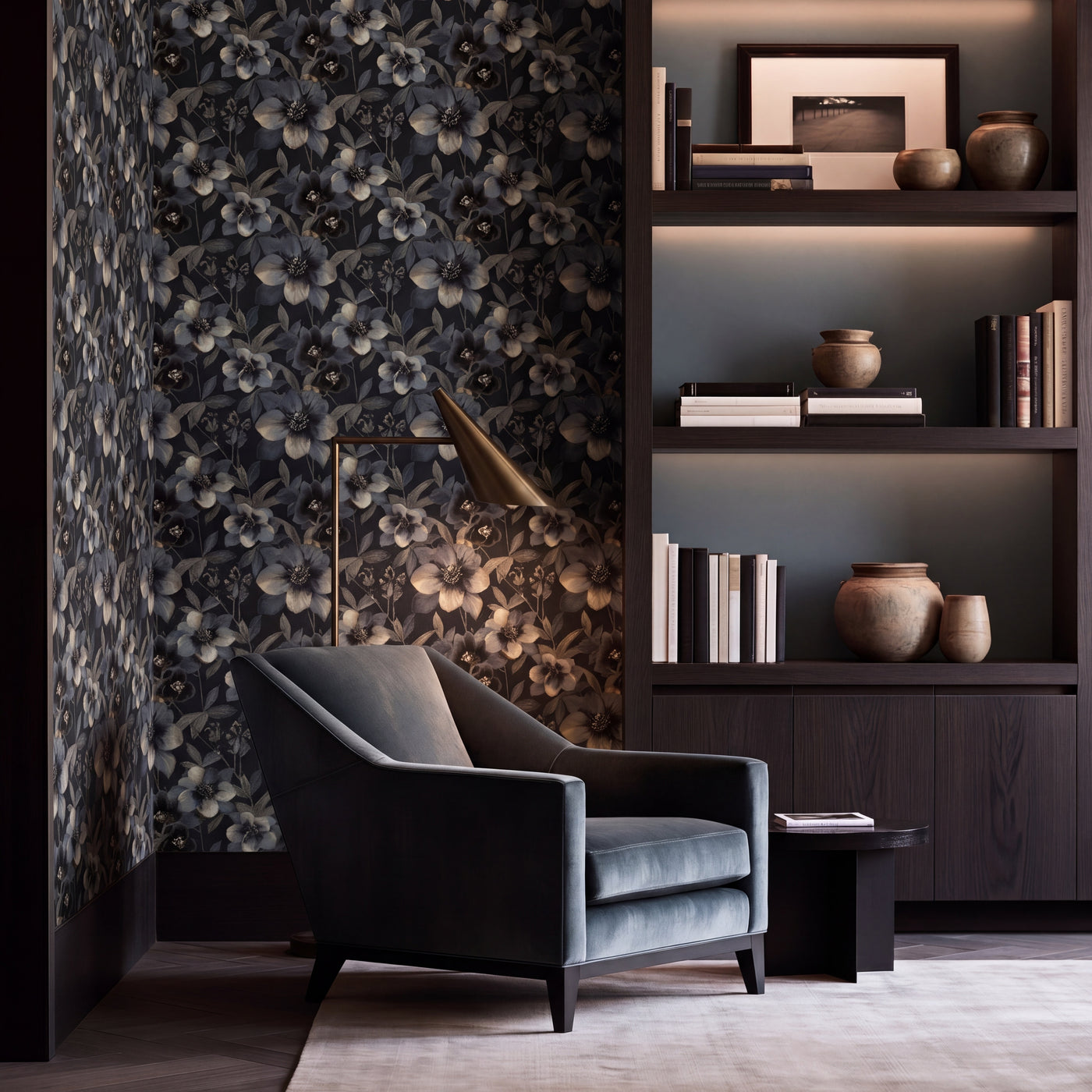 Nocturne Bloom wallpaper featuring black and gold hellebore botanical patterns on an accent wall.