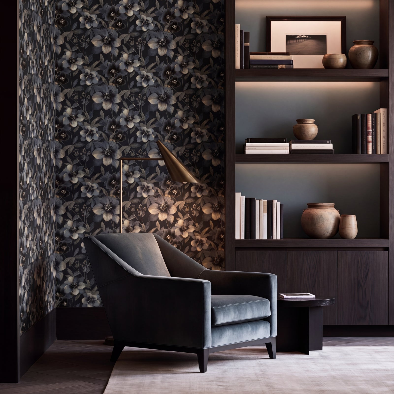 Nocturne Bloom wallpaper featuring black and gold hellebore botanical patterns on an accent wall.