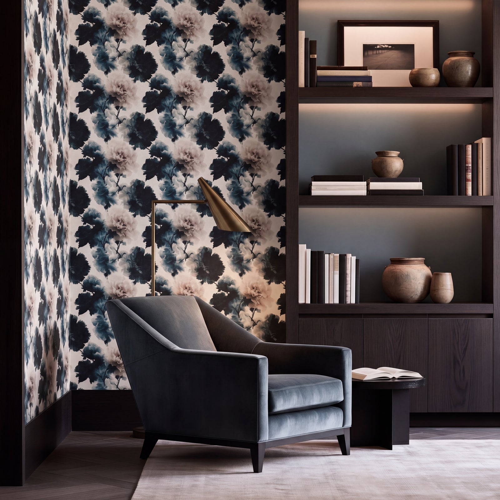 Close-up detail of Modern Peonies wallpaper in Noir, showcasing the rich painterly botanical patterns.