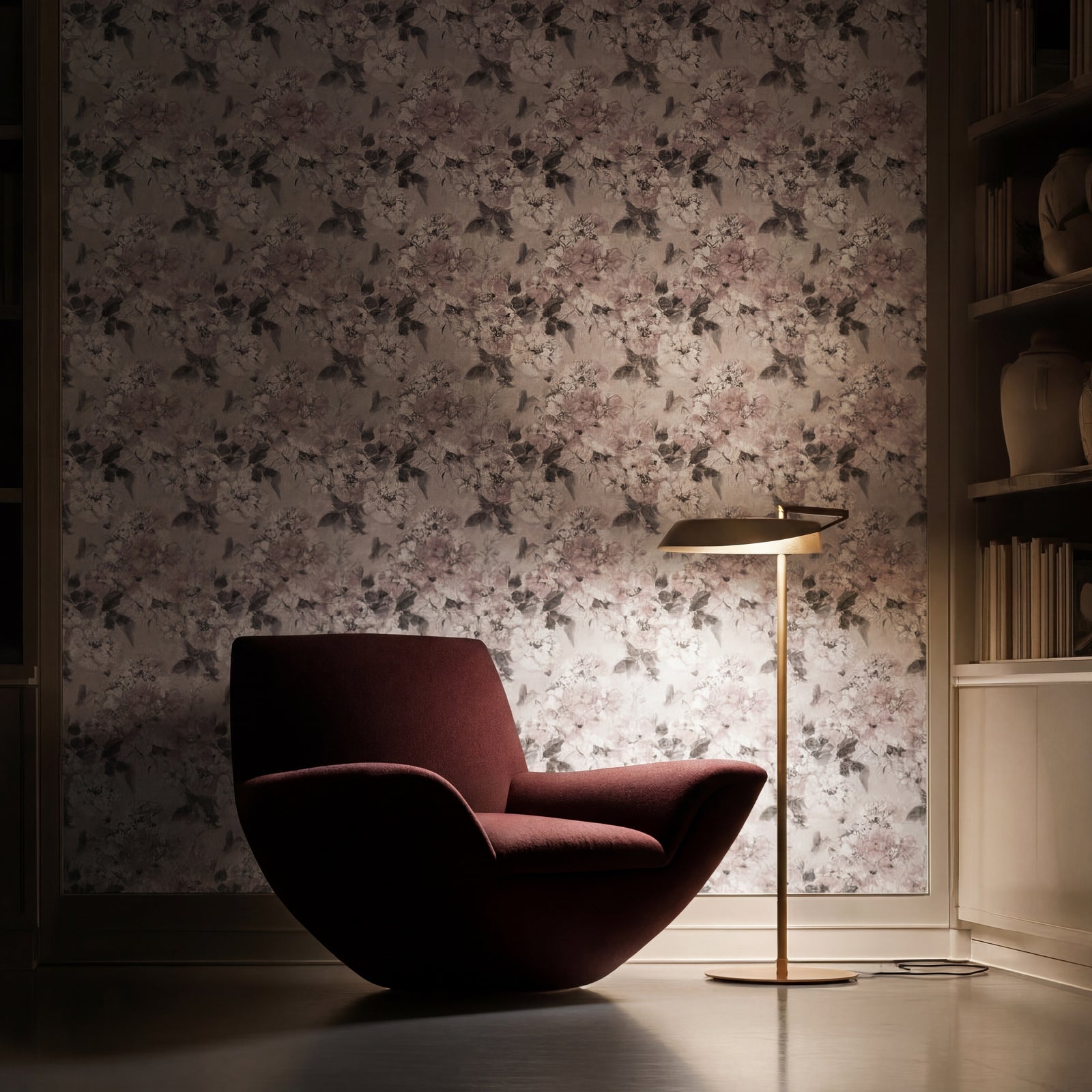 Modern hallway wall styled with elegant watercolor floral wallpaper.