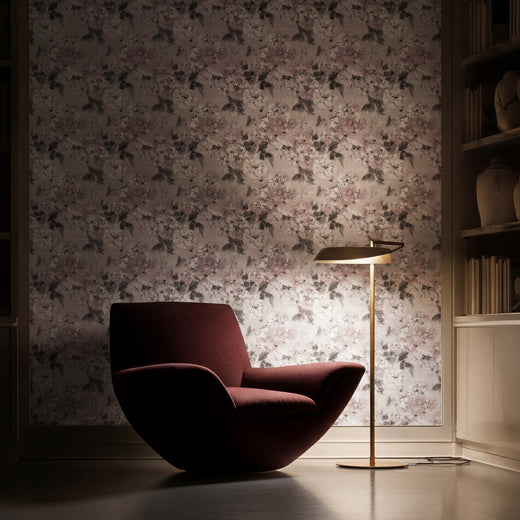 Modern hallway wall styled with elegant watercolor floral wallpaper.