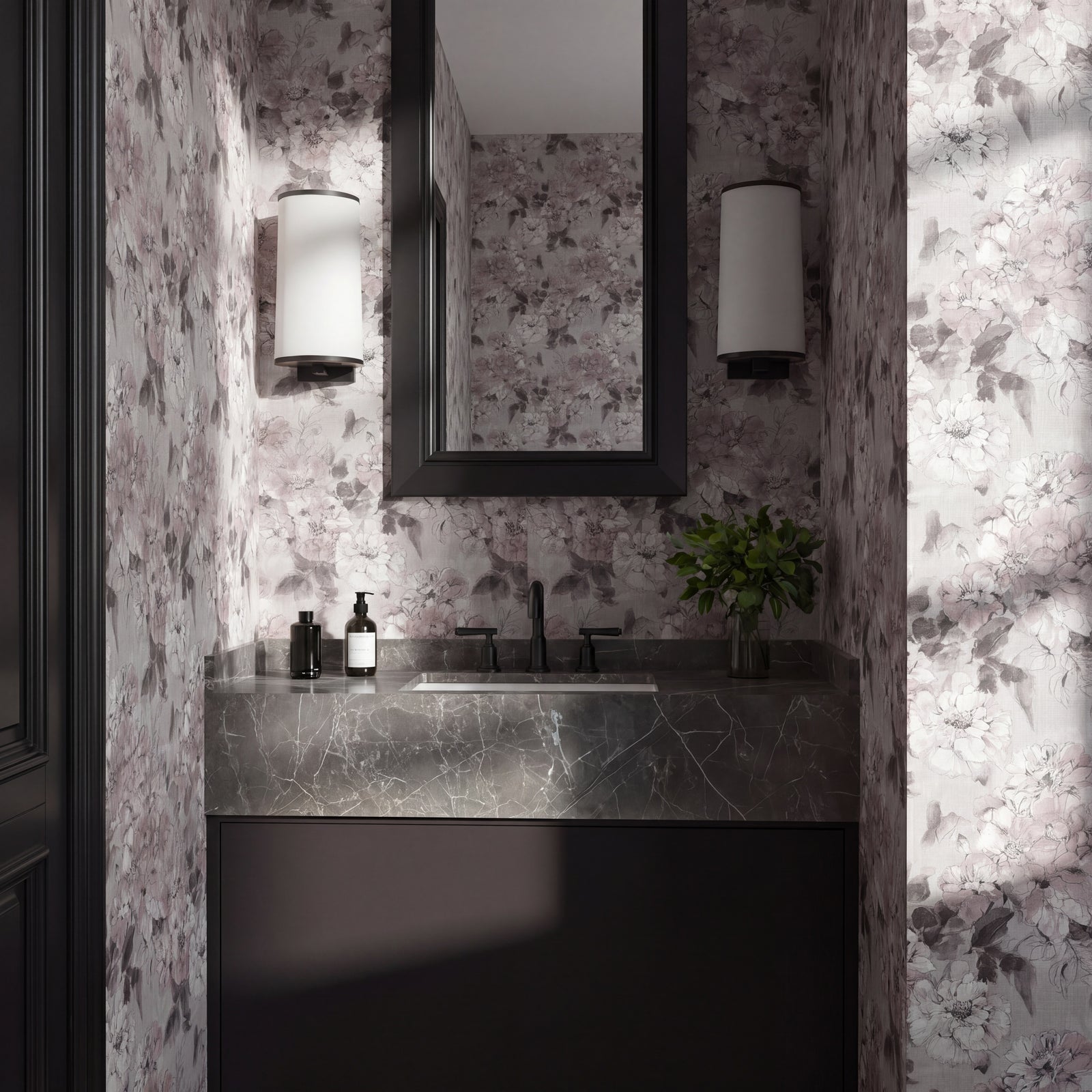 Serene bedroom featuring watercolor flora wallpaper on a statement wall.