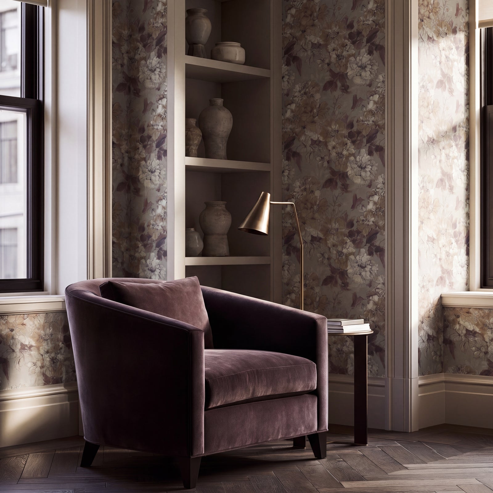 Elegant living room featuring watercolor floral botanical wallpaper with blue and purple blooms.