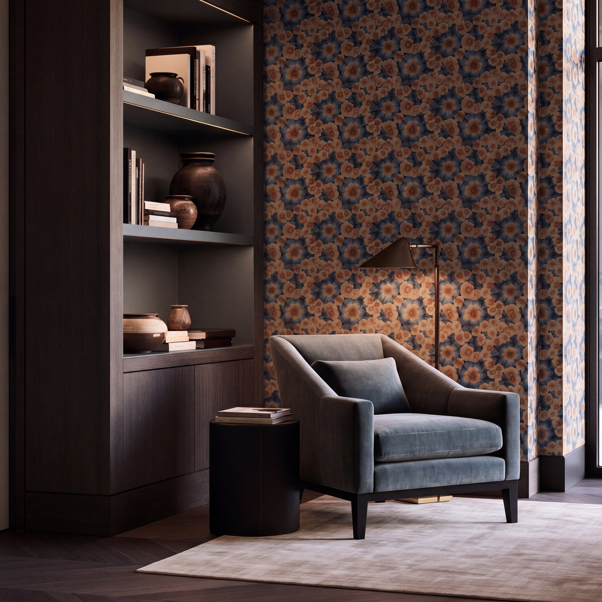 Close-up of Sea Poppies wallpaper with Aegean blue and muted orange botanical patterns.