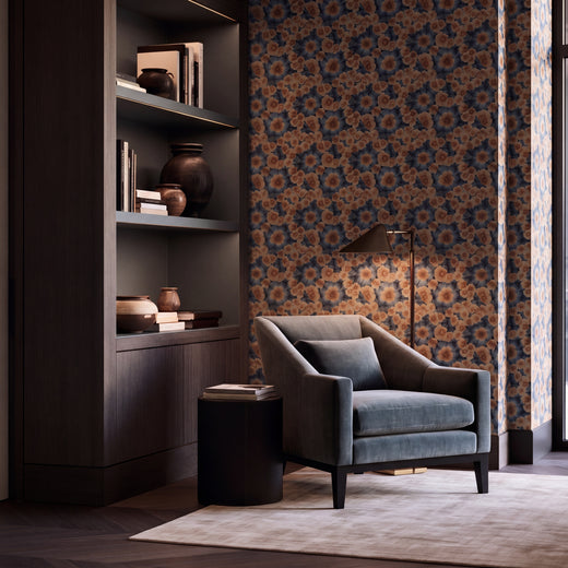 Close-up of Sea Poppies wallpaper with Aegean blue and muted orange botanical patterns.