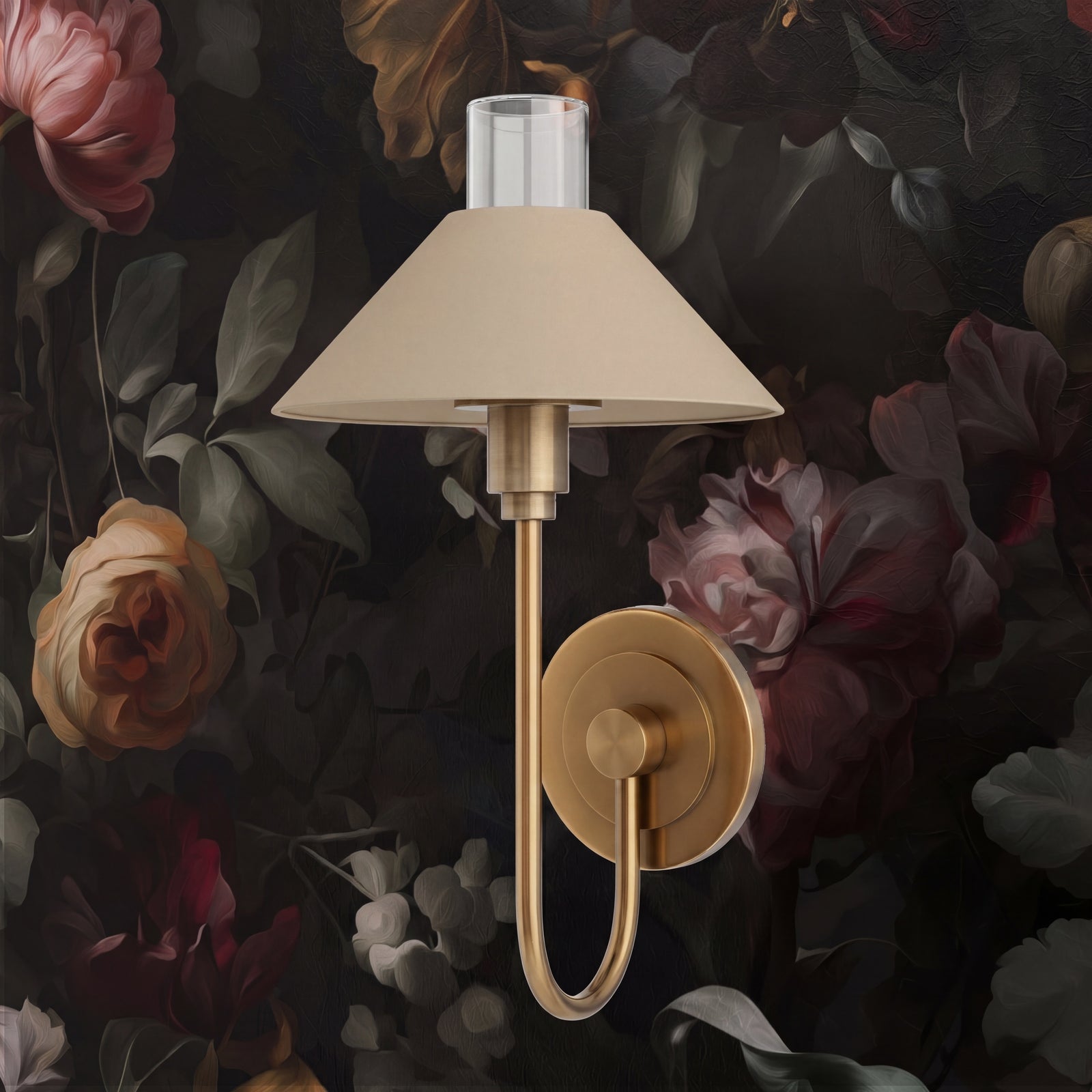 Close-up of Nocturne Botanical Wallpaper on an accent wall, highlighting the Dutch Old Master style oil painting look.