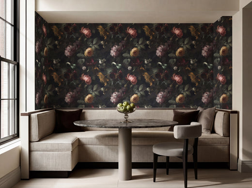 Nocturne Botanical Wallpaper applied in a powder room interior, styled with a modern vanity and warm lighting.
