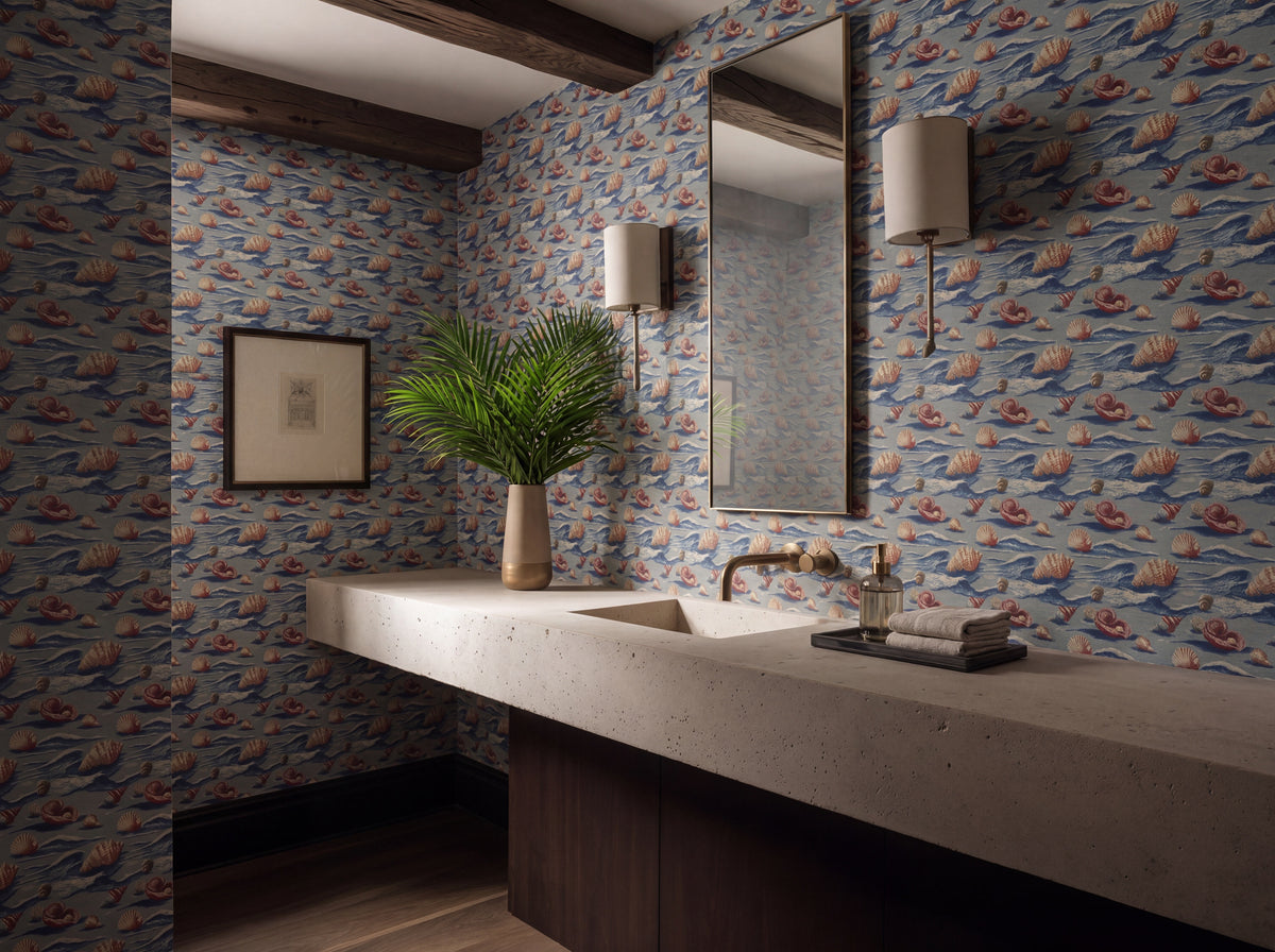 A polished bathroom interior featuring the vintage-inspired blue and red Beach Treasures wallpaper.