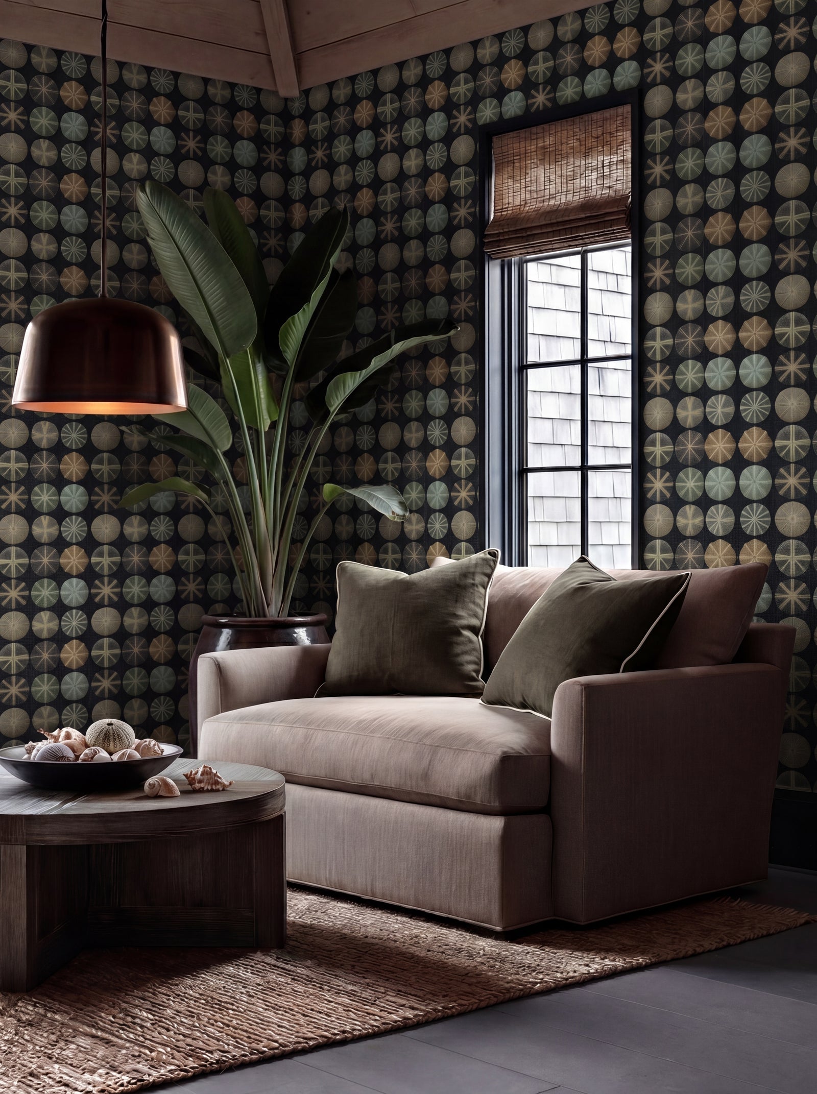 Modern bathroom interior featuring the Sea Urchin Study coastal wallpaper.