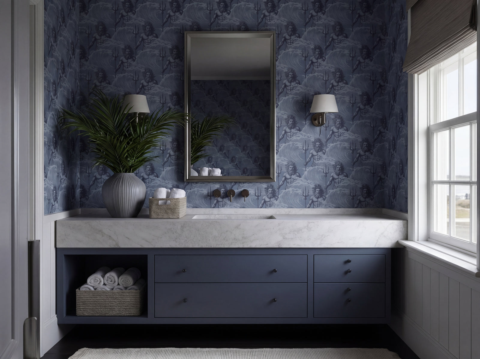 Elegant dining room interior featuring the Neptune mythological wallpaper in deep Aegean blue on the accent wall.