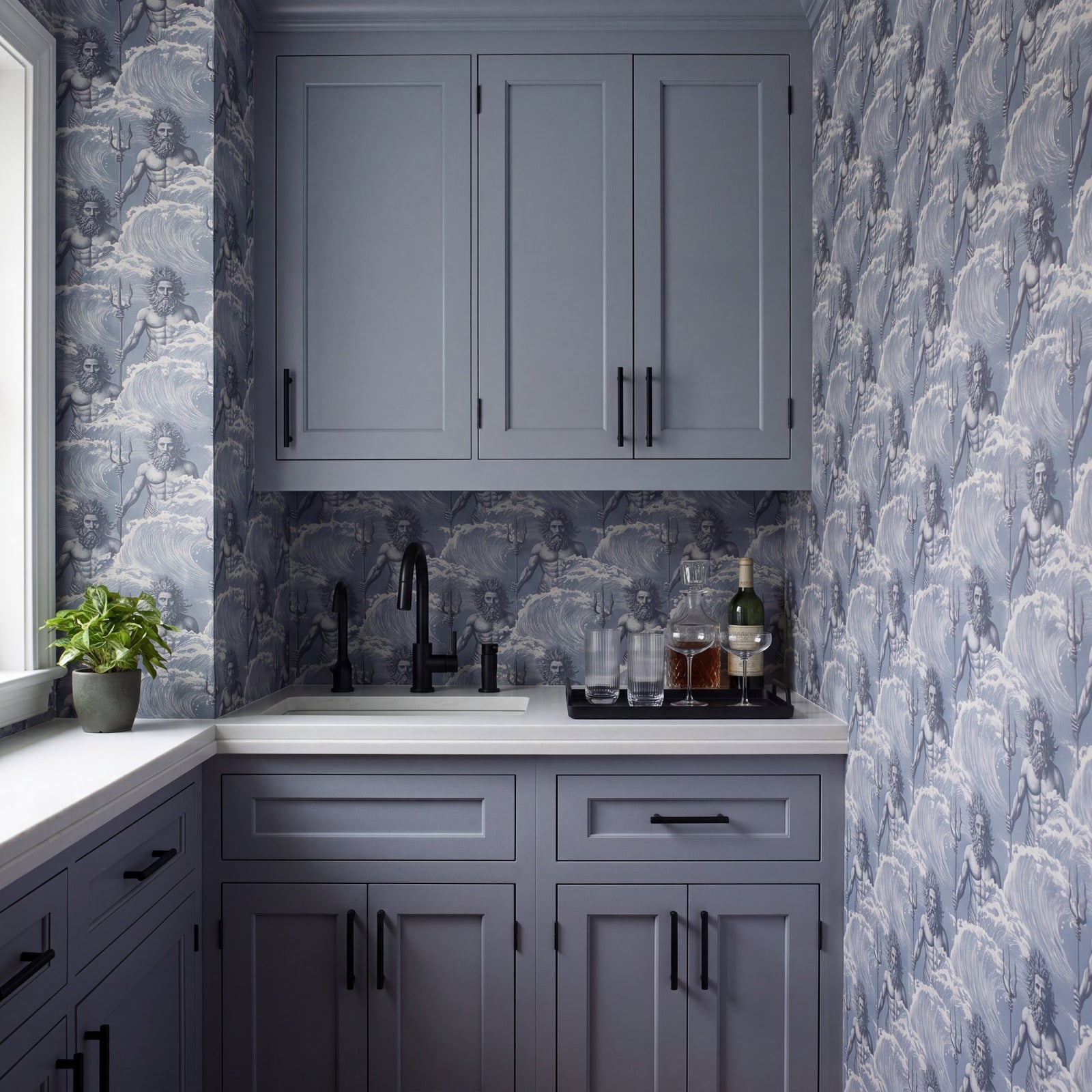 Sophisticated powder room wall decorated with the Neptune mythological wallpaper in soft Mist neutral colorway.