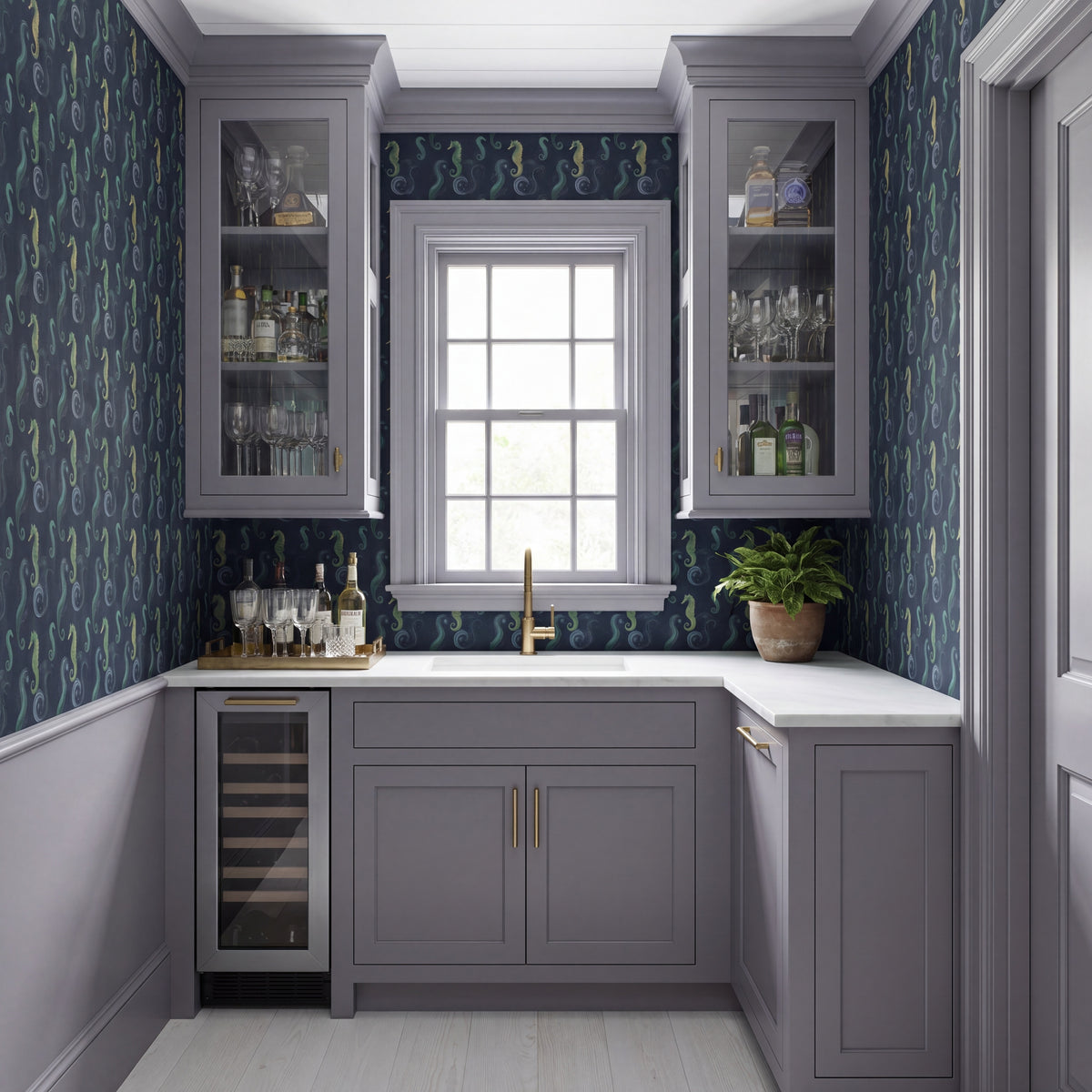 An elegant coastal bathroom wall featuring the Sea Horse wallpaper in Sea Blue with high-end fixtures.