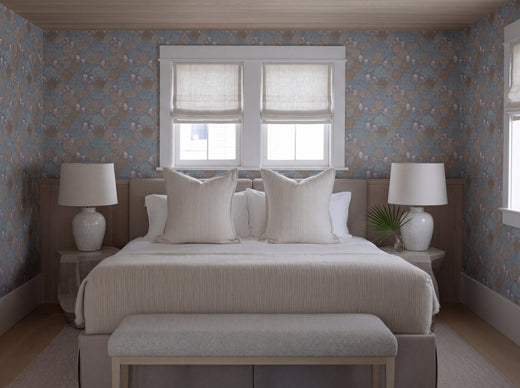 Sophisticated dining room wall styled with Jelly Reef wallpaper in deep Marina Blue.