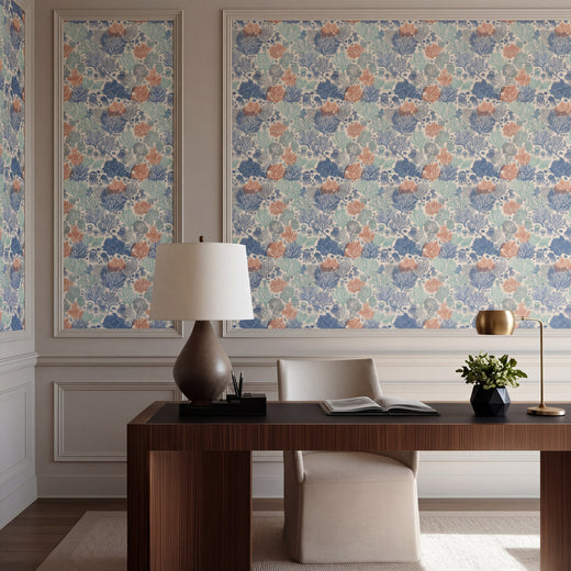 Modern coastal bathroom styled with Jelly Reef wallpaper in the Sun Bleached colorway.