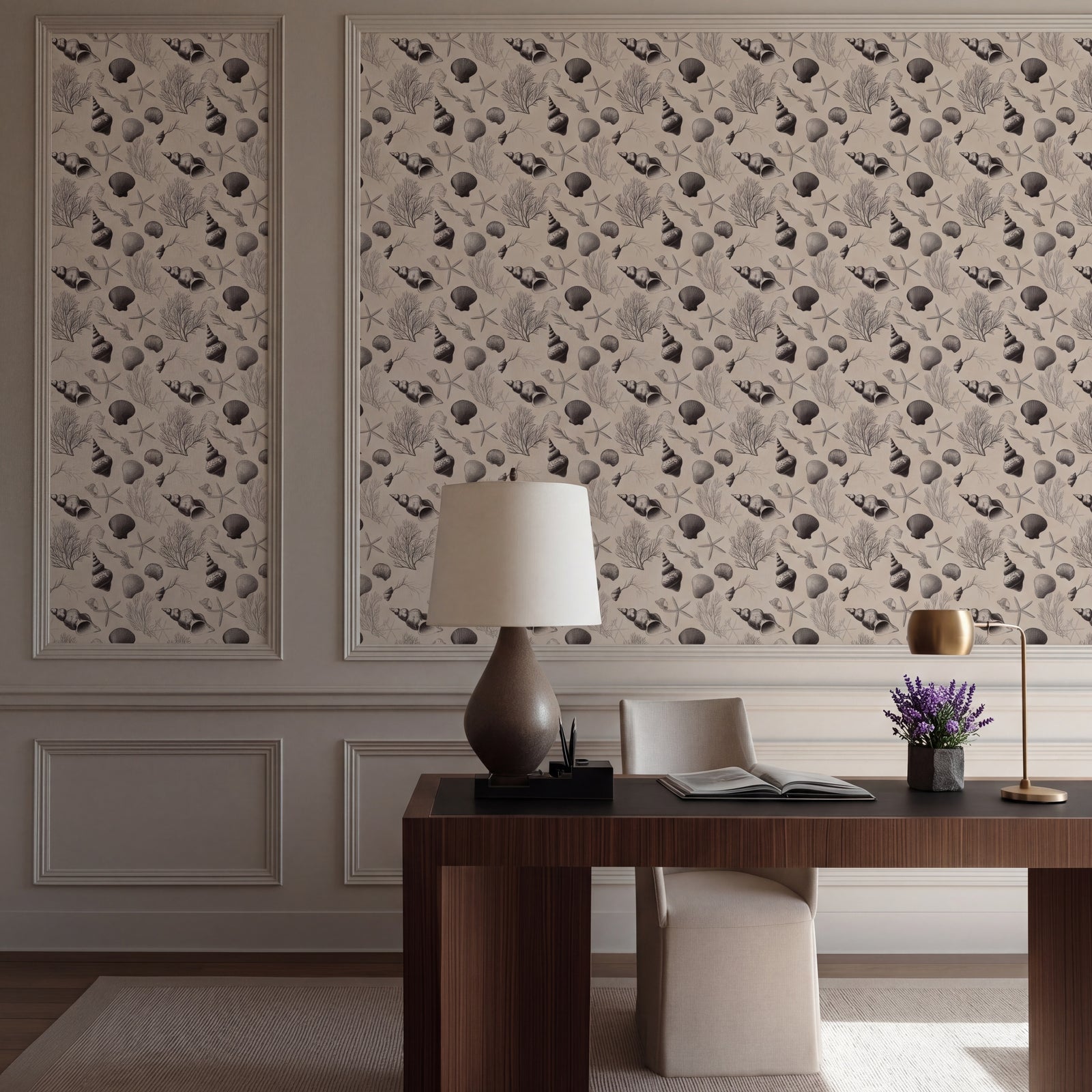 A bright powder room interior showcasing the warm taupe tones of Sanibel wallpaper.