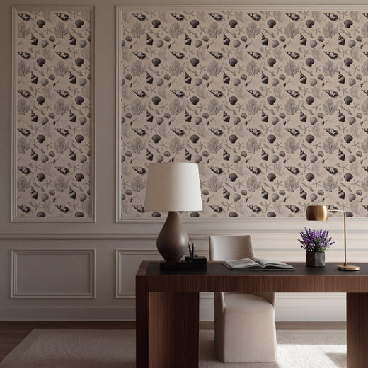 A bright powder room interior showcasing the warm taupe tones of Sanibel wallpaper.